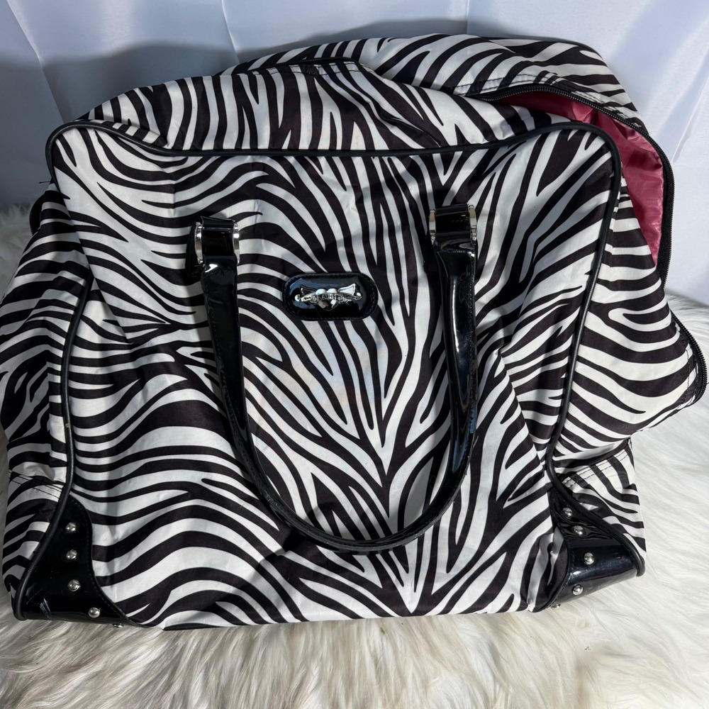 Kathy Van Zeeland Zebra Print Weekender Bag Black White Pink Y2K Travelโ Tote